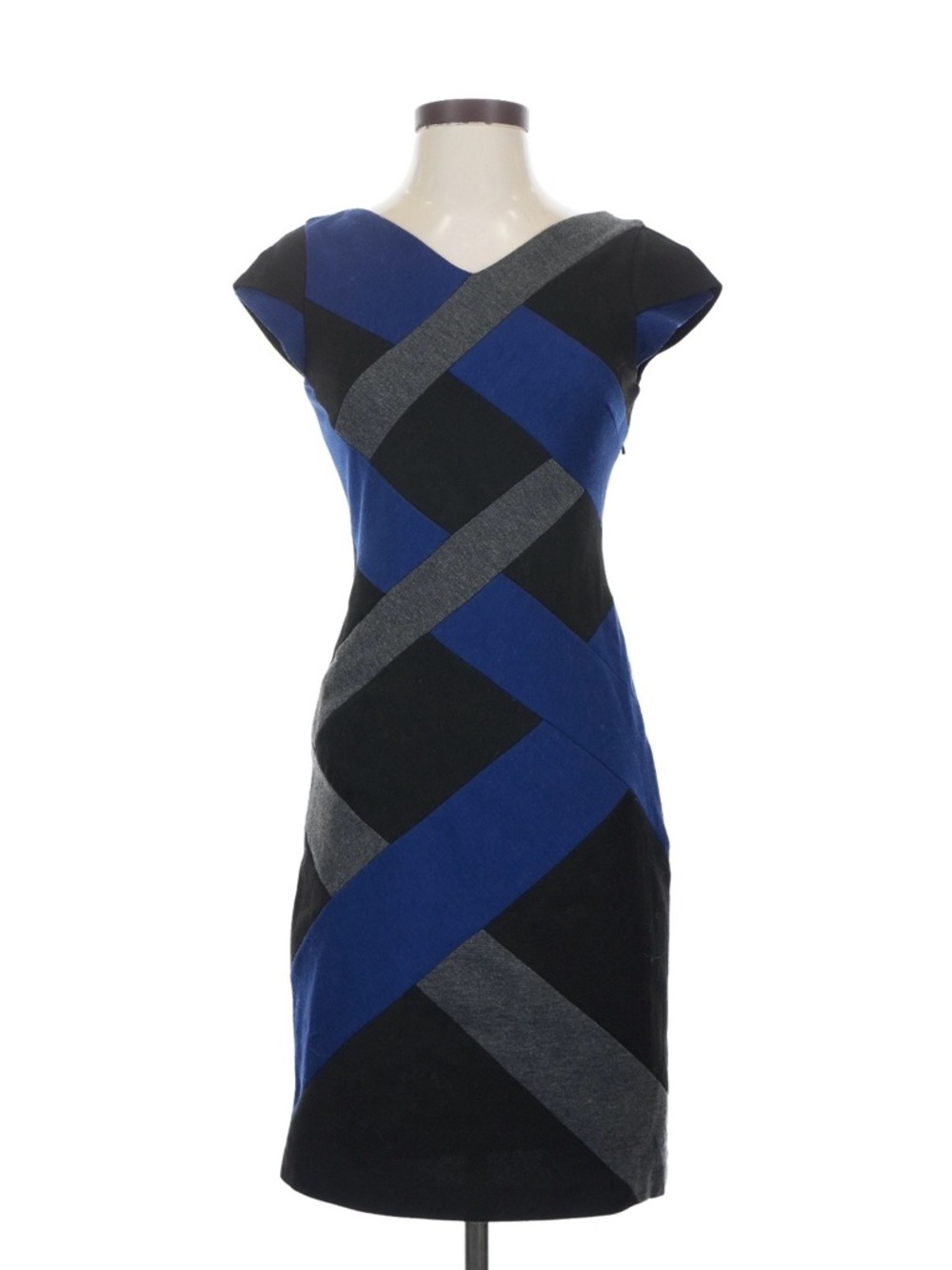 Max & Cleo Criss Cross Black/Blue/Gray Pattern Cap-Sleeve Sheath Midi Dress